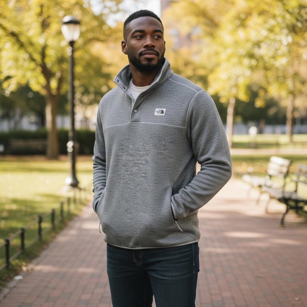 The North Face Grey‎ Fleece Pullover with Snap Button Collar XL EUC